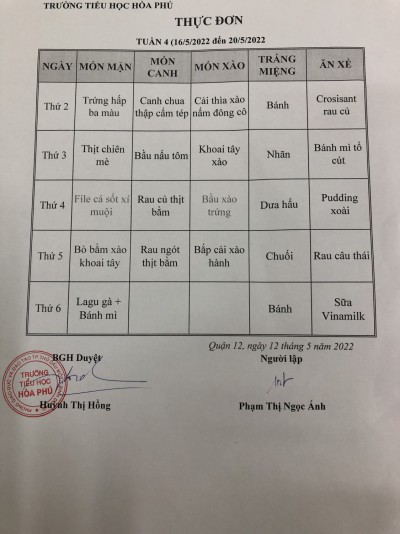Thực Đơn tuần 4  (ngày 16/5 ->20/5/2022)