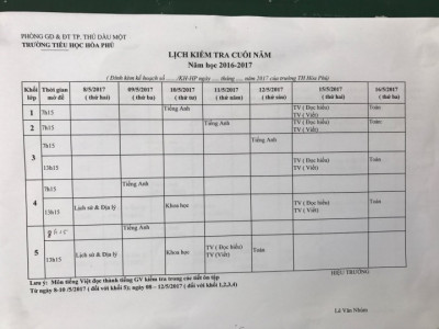 lịch kiểm tra cuối năm học 2016 - 2017