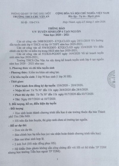 Thông báo về Việc Tuyển Sinh Lớp 6 Tạo Nguồn