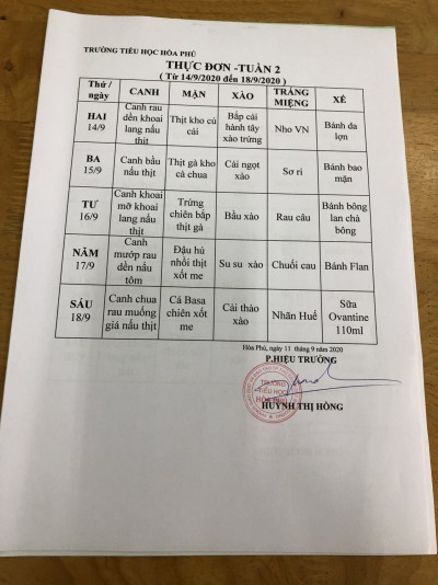 Thực Đơn Tuần 2 NH 2020-2021