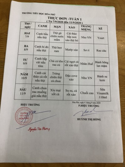 Thực Đơn Tuần 1 NH 2020-2021