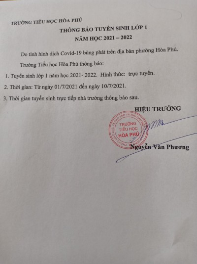 TH Hòa Phú TB Về Việc Tuyển Sinh Lớp1 NH 2021-2022