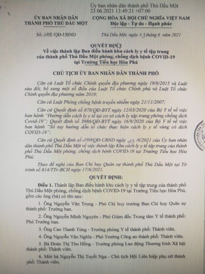 Quyết Định Khu Cách Ly Tại Trường TH Hòa Phú