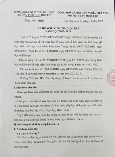 Kế hoạch kiểm tra học kì 1 năm học 2022-2023 trường Tiểu Học Hòa Phú