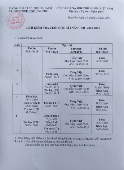 Lịch kiểm tra cuối kì 1 năm học 2022-2023