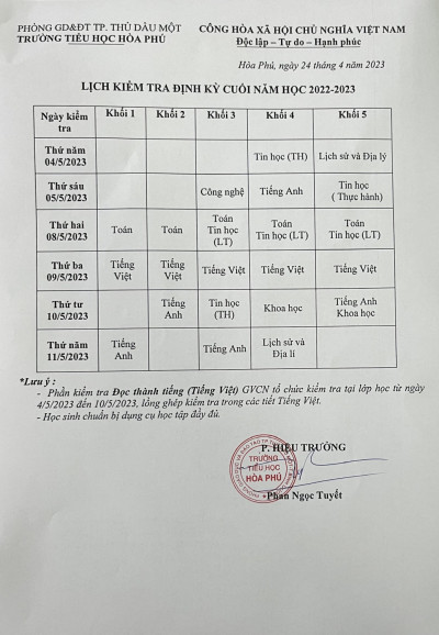 Lịch kiểm tra định kỳ cuối năm học 2022-2023