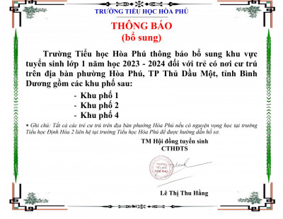 Thông báo bổ sung khu vực tuyển sinh