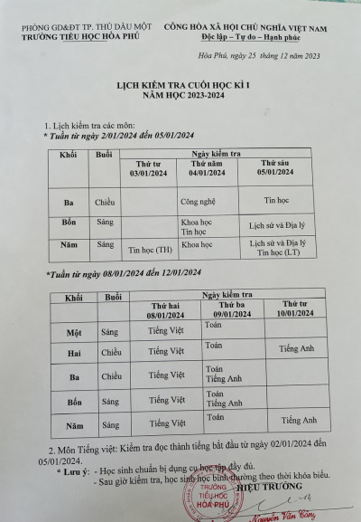 Lịch kiểm tra cuối kỳ 1 năm học 2023-2024
