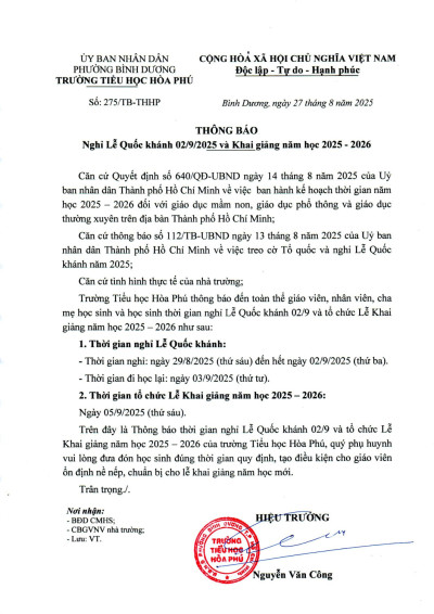 Thông báo Nghỉ Lễ Quốc khánh 02/9/2025 và Khai giảng năm học 2025 - 2026