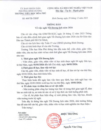 Trường tiểu học Hòa Phú Thông báo nghỉ Tết dương lịch năm 2026