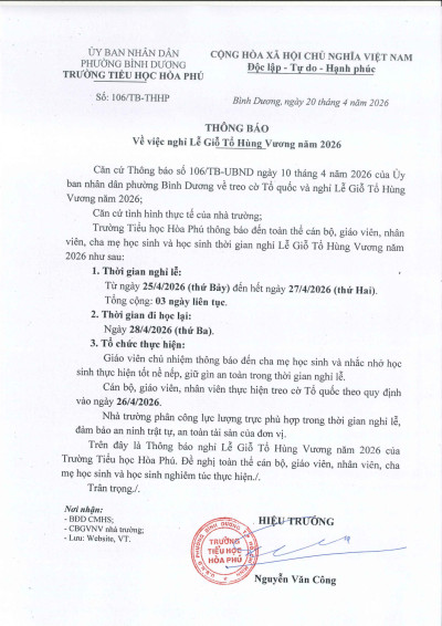 Trường Tiểu học Hòa Phú Thông báo nghỉ lễ Giỗ Tổ Hùng Vương năm 2026