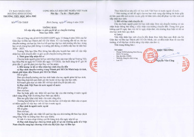 Thông báo Về việc tiếp nhận và giải quyết hồ sơ chuyển trường năm học 2026 - 2027