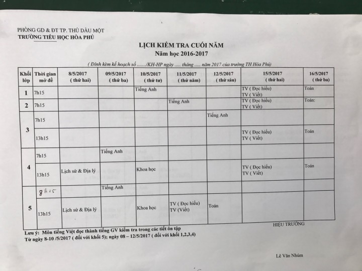 lịch kiểm tra cuối năm học 2016 - 2017