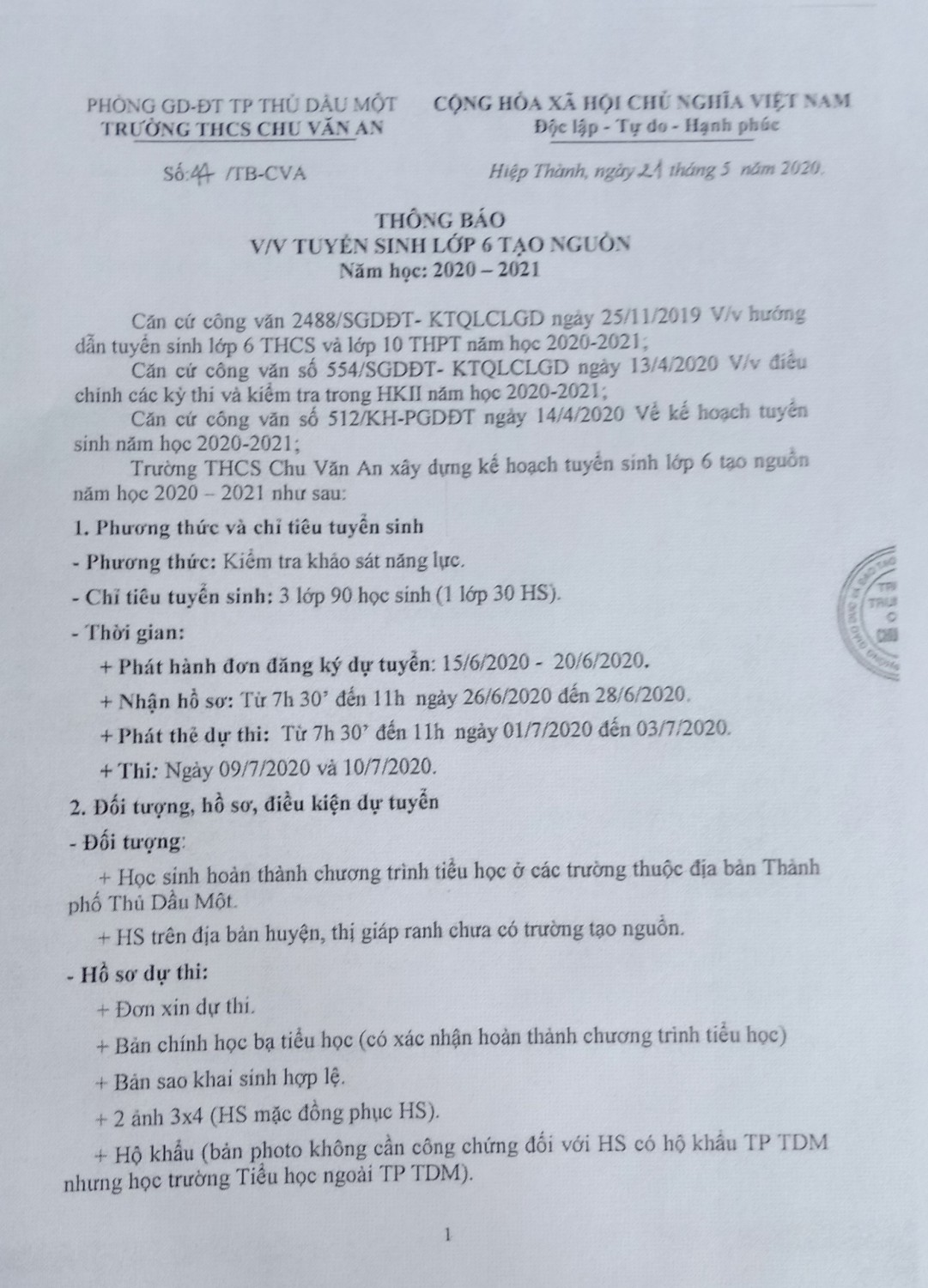 Thông báo về Việc Tuyển Sinh Lớp 6 Tạo Nguồn