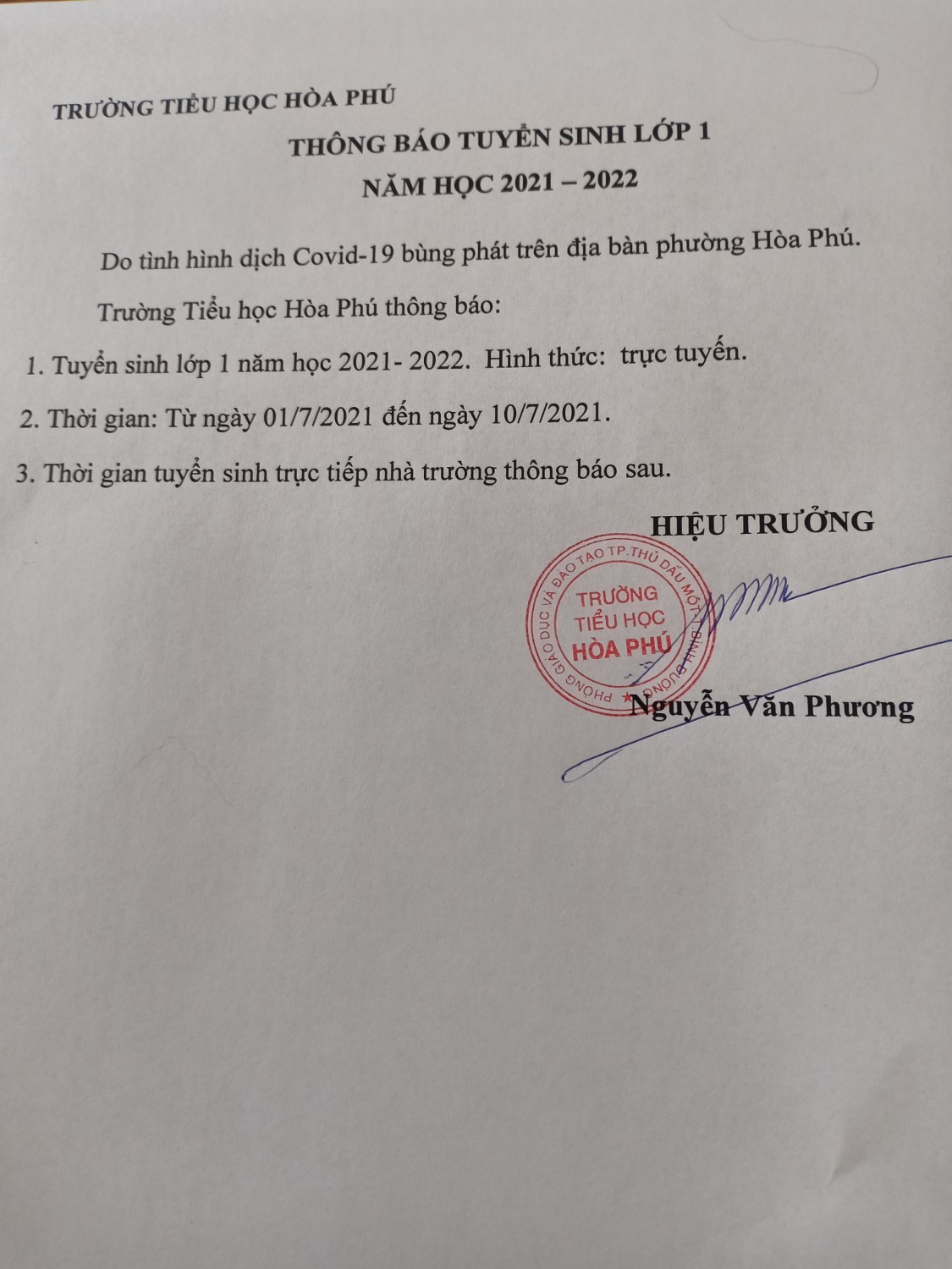 TH Hòa Phú TB Về Việc Tuyển Sinh Lớp1 NH 2021-2022