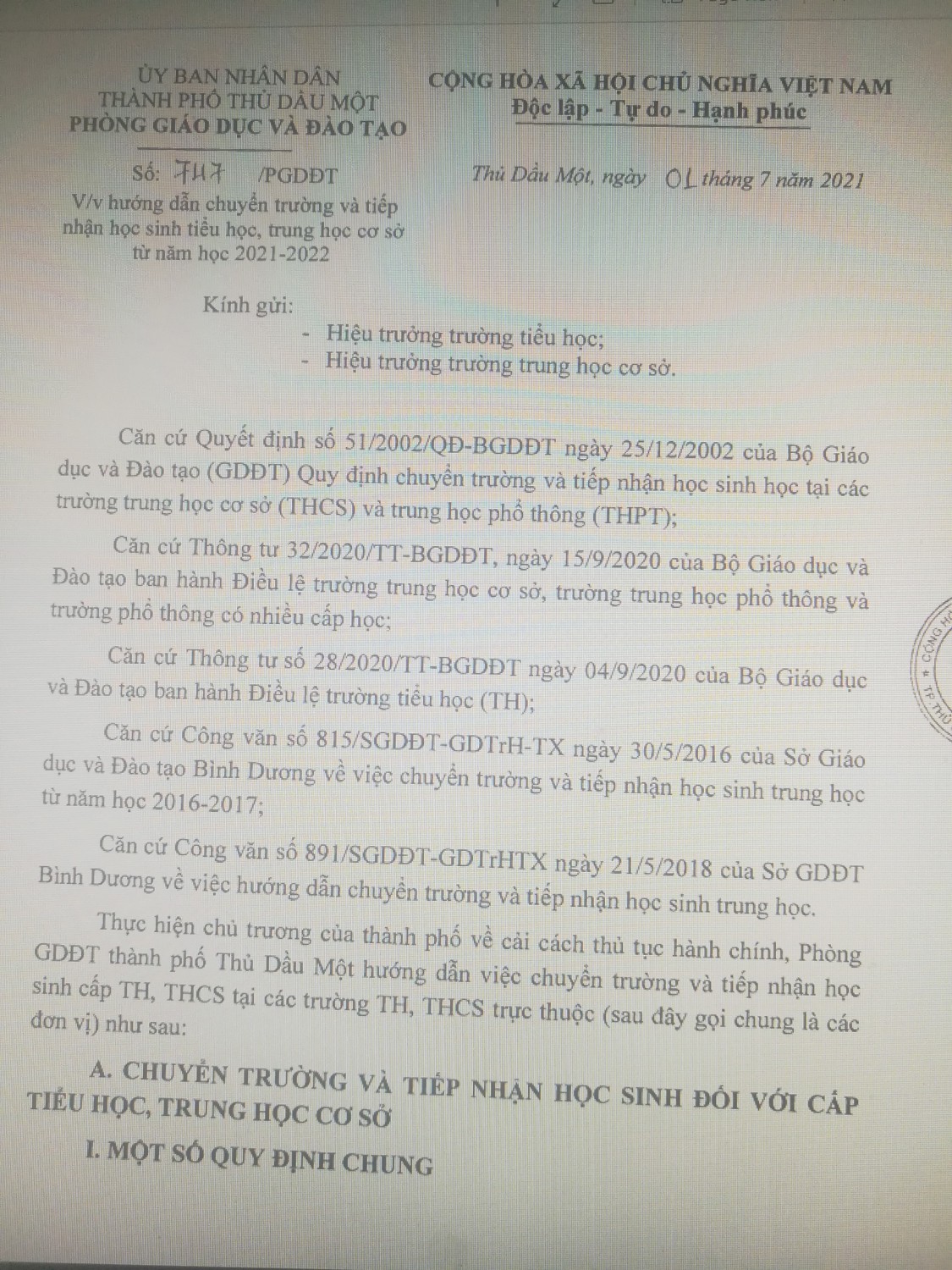 TB V/v Hướng Dẫn Chuyển Trường Và Tiếp Nhận Hồ Sơ TH Và THCS