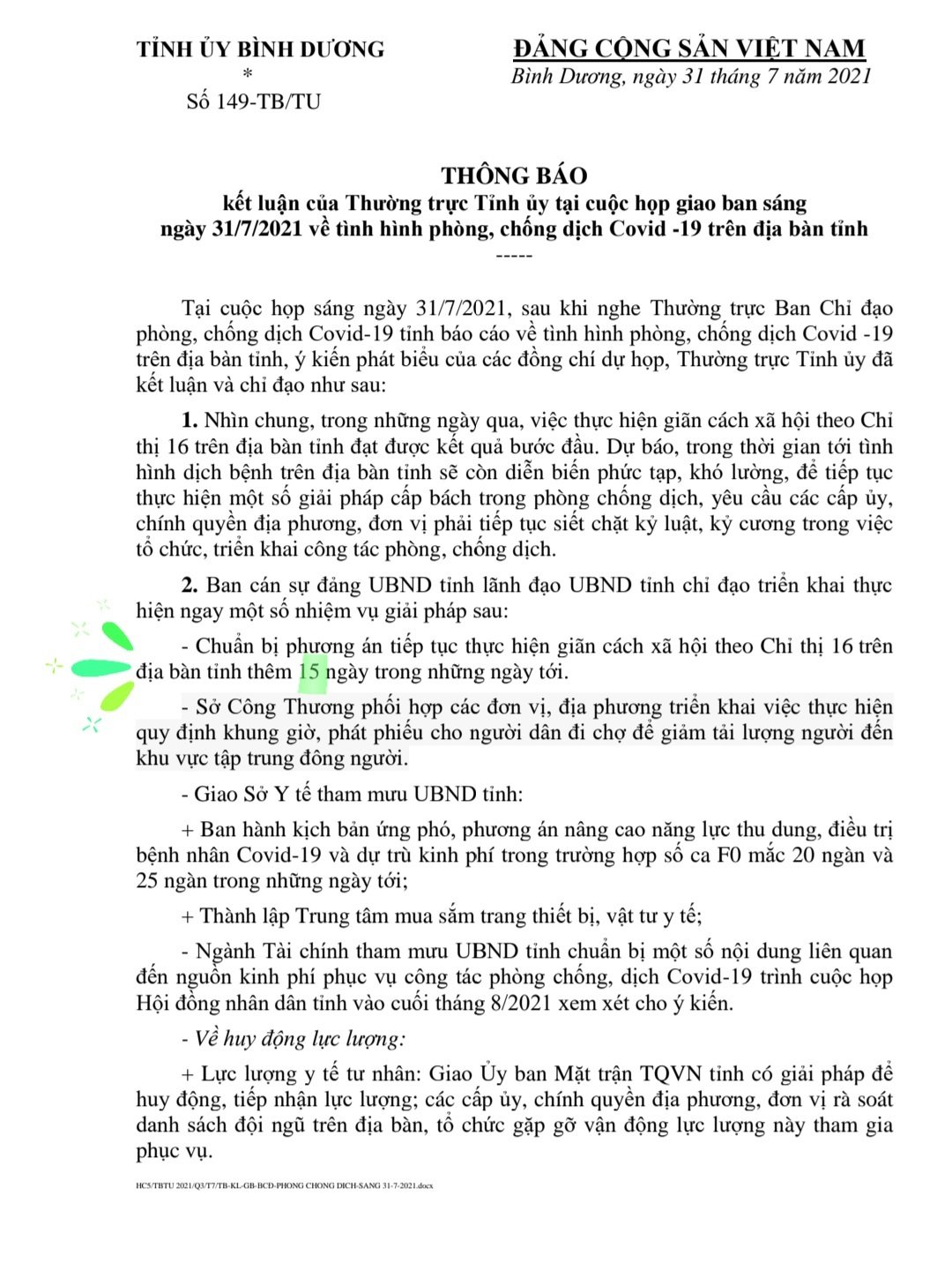 Kết Luận Của Thường Trực Tỉnh Ủy Bình Dương Tại Cuộc Họp Giáo Ban Sáng 31/7/2021