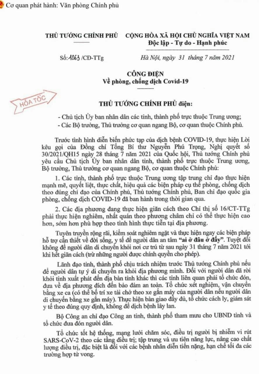Công Điện Hỏa Tốc Về Phòng, Chống Dịch Covid-19