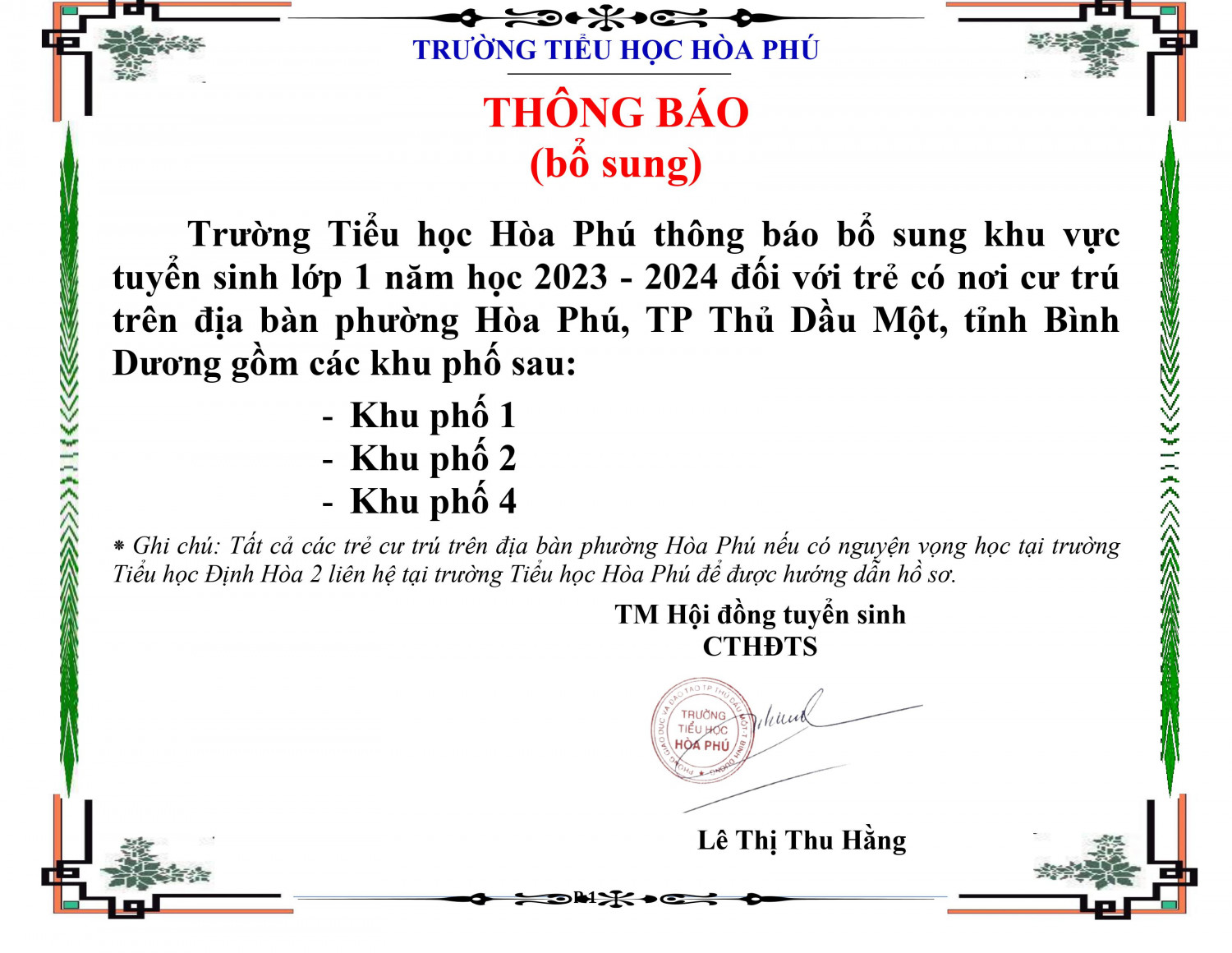 Thông báo bổ sung tuyển sinh lớp 1 NH 2023 2024 sua