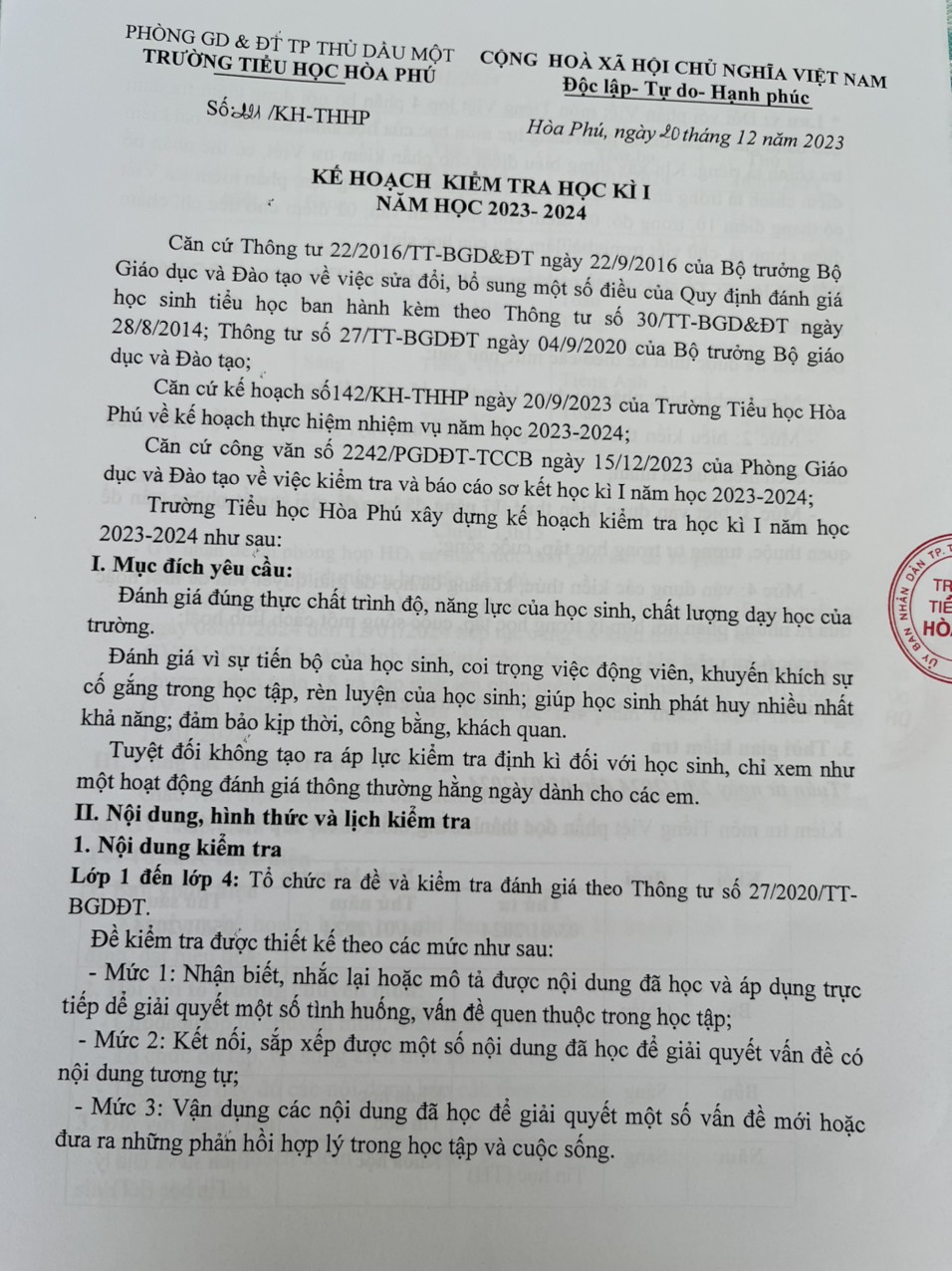Kế hoạch kiểm tra học kì 1 năm học 2023-2024