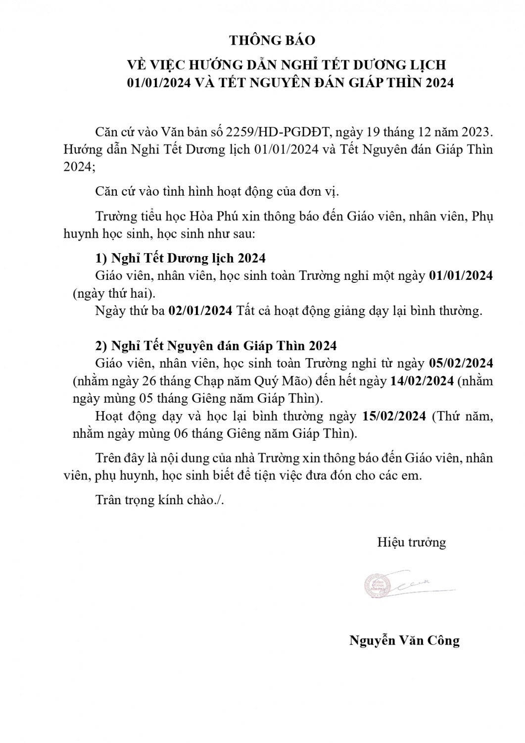 Thông báo nghỉ Tết Dương lịch, và Tết Nguyên đán Giáp Thìn 2024 signed page 0001