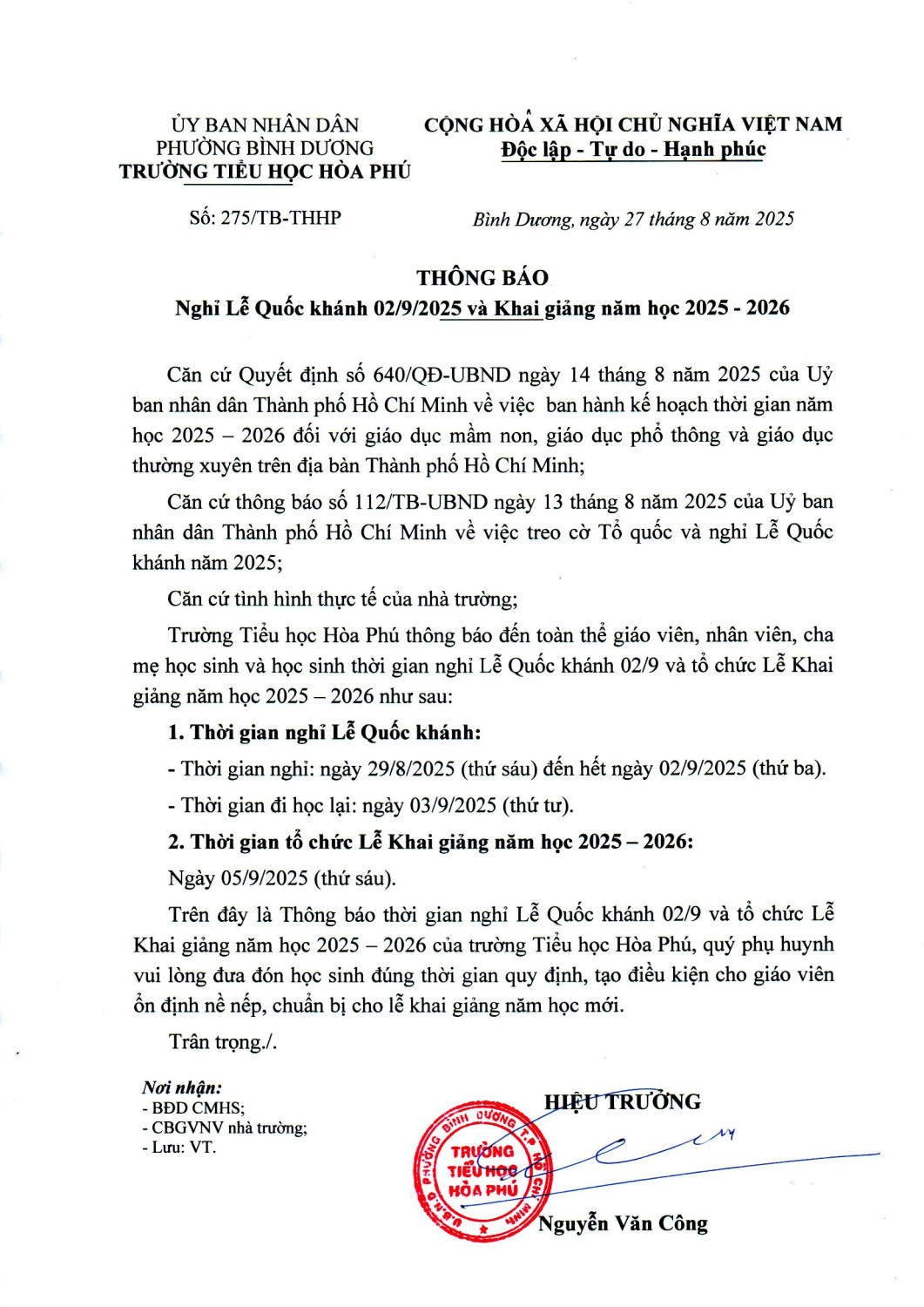 Thông báo Nghỉ Lễ Quốc khánh 02/9/2025 và Khai giảng năm học 2025 - 2026