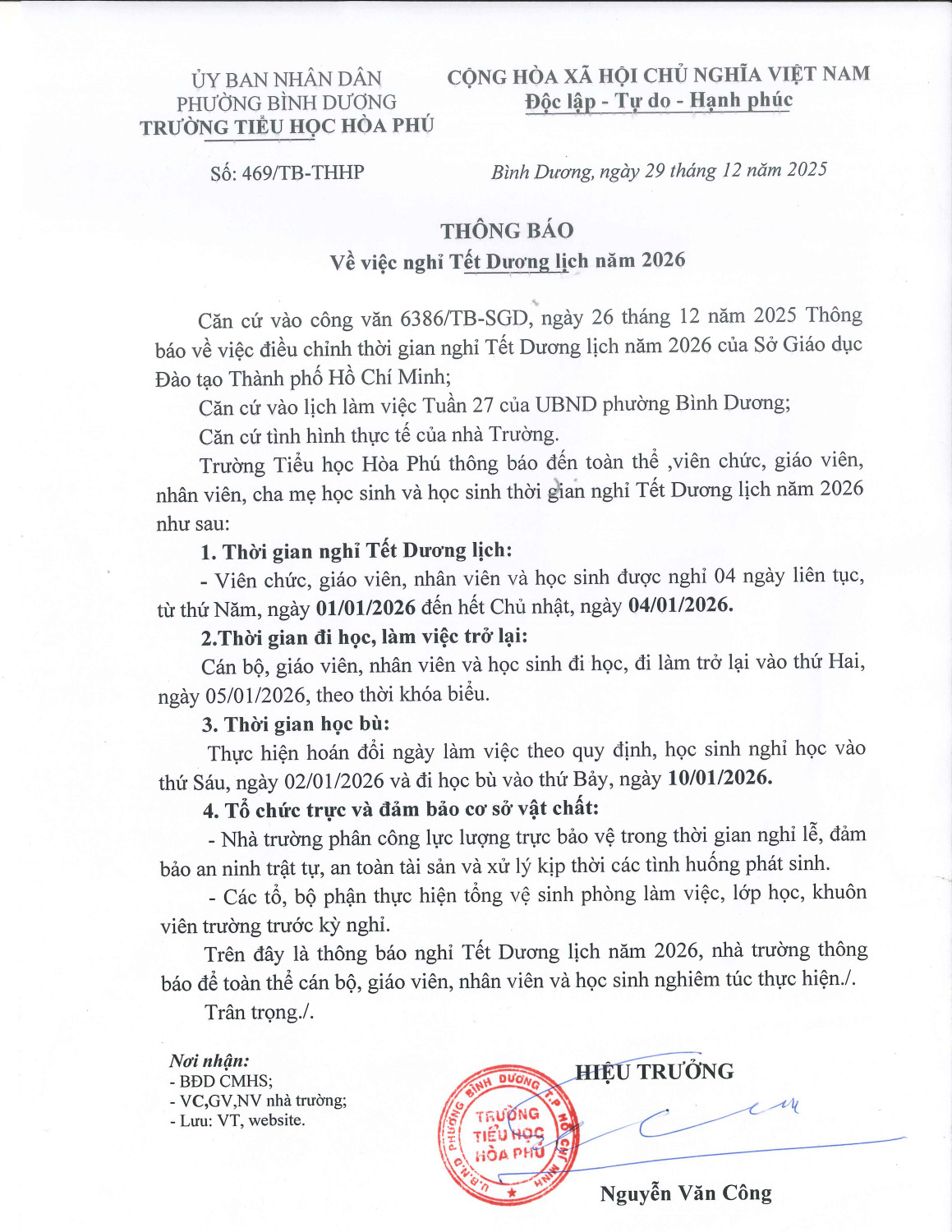Trường tiểu học Hòa Phú Thông báo nghỉ Tết dương lịch năm 2026