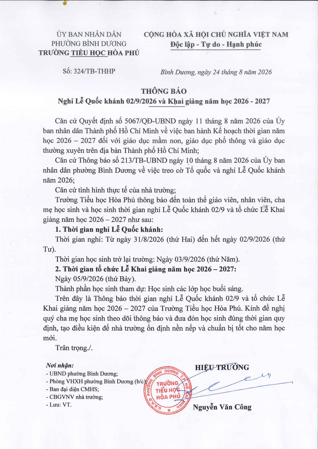 Thông báo Nghỉ Lễ Quốc khánh 02/9/2026 và Khai giảng năm học 2026 - 2027